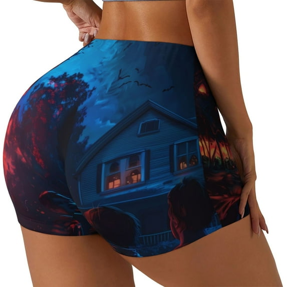 Daiia Spooky Halloween Night Scene Pattern Women's Workout Shorts Biker Shorts - High Waisted Workout Spandex Tummy Control Gym Running Yoga Shorts-X-Large