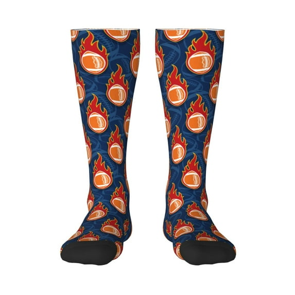 Daiia Sports Socks American Football and Fire Flames Printed Novelty Crew Socks for Men Women Knee High Socks Cotton Socks Soft & Breathable Support Unisex Socks