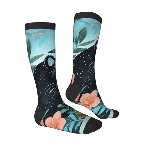 Daiia Sports Socks Black Panther Floral Illustration Printed Novelty Crew Socks for Men Women Knee High Socks Cotton Socks Soft & Breathable Support Unisex Socks