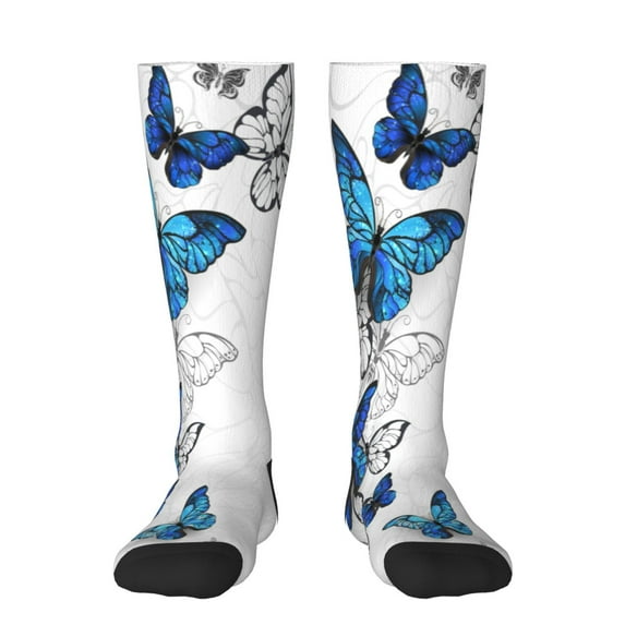 Daiia Sports Socks Blue Flying Butterflies Printed Novelty Crew Socks for Men Women Knee High Socks Cotton Socks Soft & Breathable Support Unisex Socks