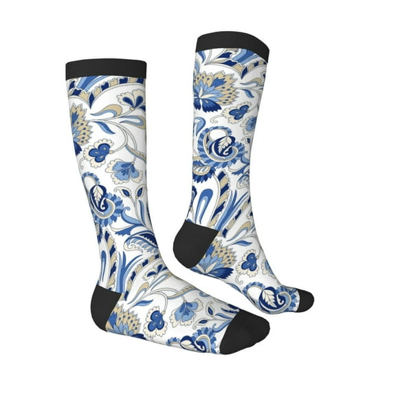 Daiia Sports Socks Blue Paisley Printed Novelty Crew Socks for Men Women Knee High Socks Cotton Socks Soft & Breathable Support Unisex Socks