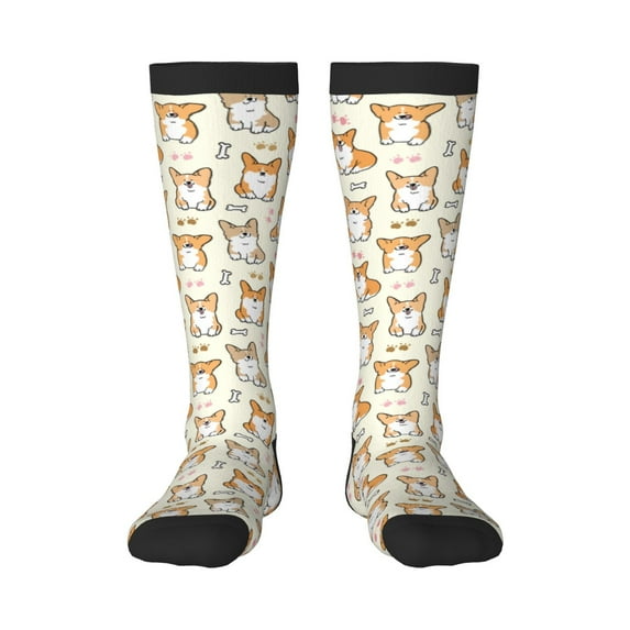 Daiia Sports Socks Cartoon Corgi Printed Novelty Crew Socks for Men Women Knee High Socks Cotton Socks Soft & Breathable Support Unisex Socks