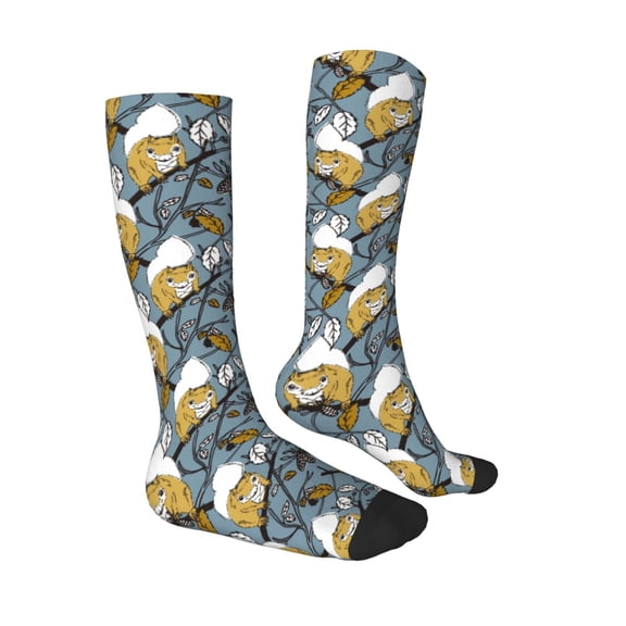 Daiia Sports Socks Cartoon Squirrel on Branch Printed Novelty Crew Socks for Men Women Knee High Socks Cotton Socks Soft & Breathable Support Unisex Socks