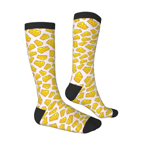 Daiia Sports Socks Cheese Printed Novelty Crew Socks for Men Women Knee High Socks Cotton Socks Soft & Breathable Support Unisex Socks