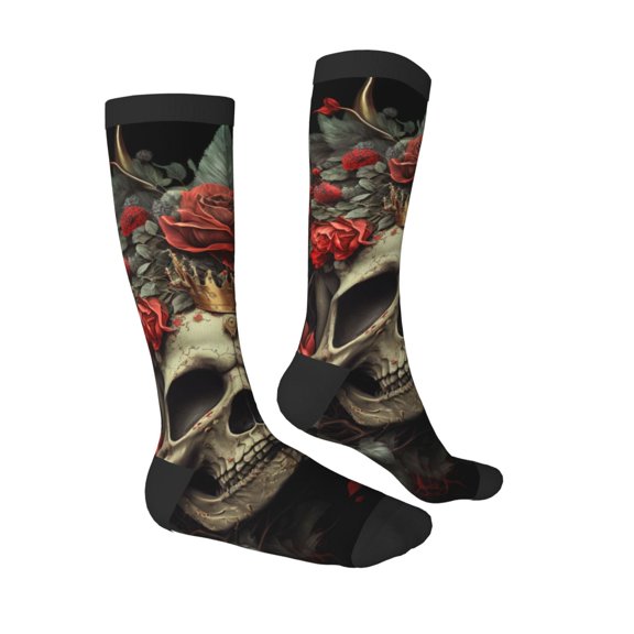 Daiia Sports Socks Classical Rose Crown Skull Printed Novelty Crew Socks for Men Women Knee High Socks Cotton Socks Soft & Breathable Support Unisex Socks