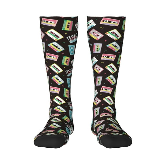 Daiia Sports Socks Colorful Retro Tape Printed Novelty Crew Socks for Men Women Knee High Socks Cotton Socks Soft & Breathable Support Unisex Socks