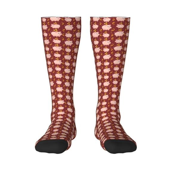 Daiia Sports Socks Cute Pig with Coins Printed Novelty Crew Socks for Men Women Knee High Socks Cotton Socks Soft & Breathable Support Unisex Socks