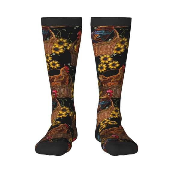 Daiia Sports Socks Embroidery Chicken Rooster Printed Novelty Crew Socks for Men Women Knee High Socks Cotton Socks Soft & Breathable Support Unisex Socks