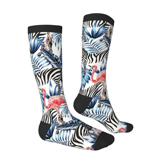 Daiia Sports Socks Flamingo And Zebra Printed Novelty Crew Socks for Men Women Knee High Socks Cotton Socks Soft & Breathable Support Unisex Socks