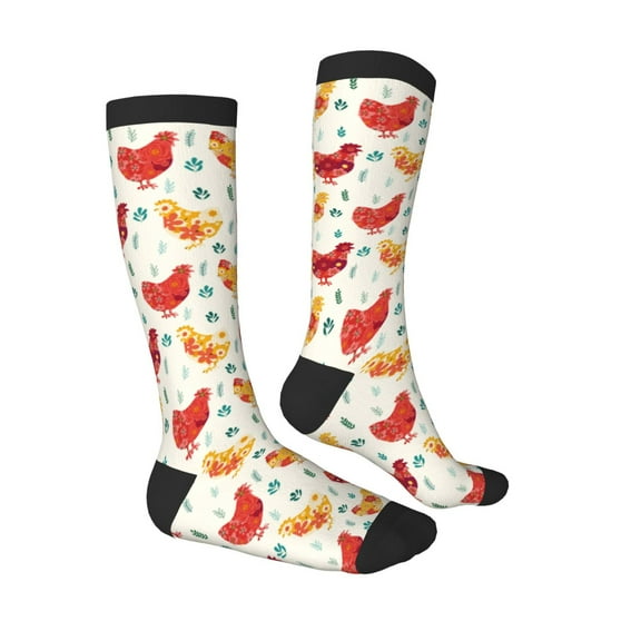 Daiia Sports Socks Flower Chicken Printed Novelty Crew Socks for Men Women Knee High Socks Cotton Socks Soft & Breathable Support Unisex Socks