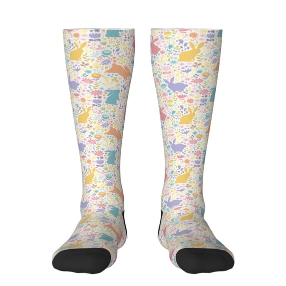 Daiia Sports Socks Flower Color Rabbit Printed Novelty Crew Socks for Men Women Knee High Socks Cotton Socks Soft & Breathable Support Unisex Socks