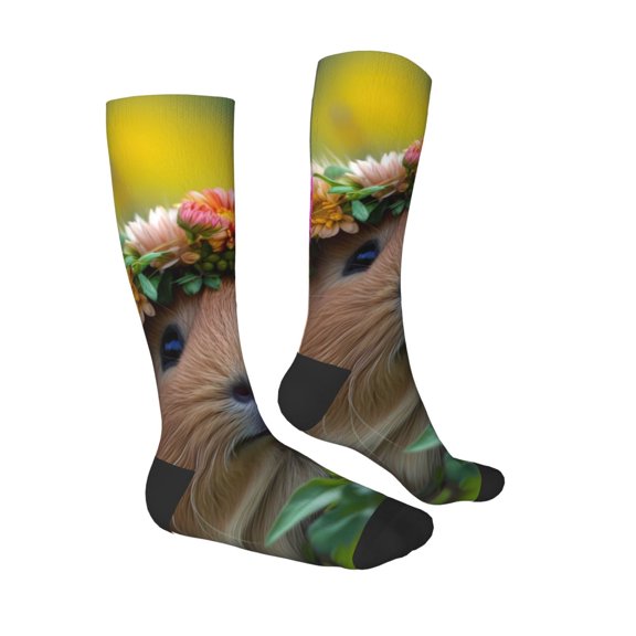 Daiia Sports Socks Flower Crown Guinea Pig Printed Novelty Crew Socks for Men Women Knee High Socks Cotton Socks Soft & Breathable Support Unisex Socks