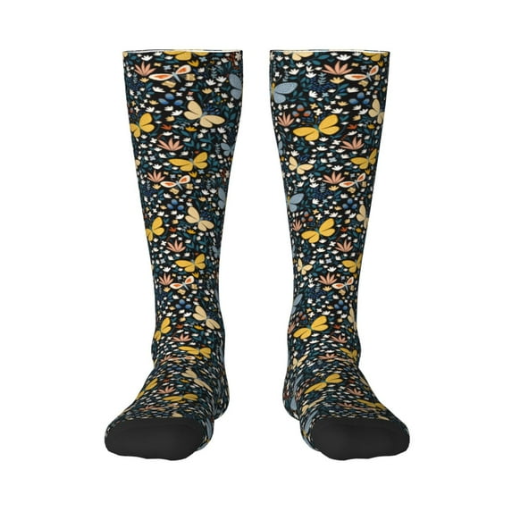Daiia Sports Socks Flowers Butterfly Printed Novelty Crew Socks for Men Women Knee High Socks Cotton Socks Soft & Breathable Support Unisex Socks