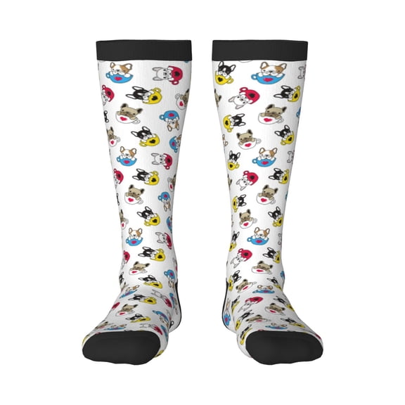 Daiia Sports Socks French Bulldog With Coffee Cup Printed Novelty Crew Socks for Men Women Knee High Socks Cotton Socks Soft & Breathable Support Unisex Socks