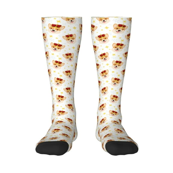 Daiia Sports Socks Funny Corgi Printed Novelty Crew Socks for Men Women Knee High Socks Cotton Socks Soft & Breathable Support Unisex Socks
