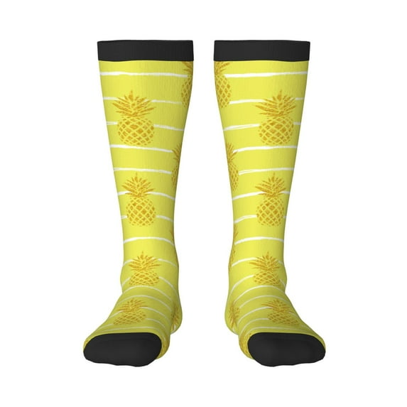 Daiia Sports Socks Gold Pineapple Printed Novelty Crew Socks for Men Women Knee High Socks Cotton Socks Soft & Breathable Support Unisex Socks