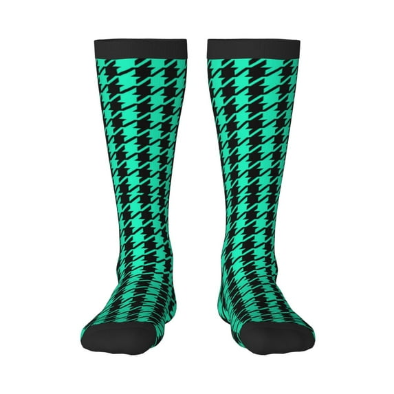 Daiia Sports Socks Green and Black Houndstooth Printed Novelty Crew Socks for Men Women Knee High Socks Cotton Socks Soft & Breathable Support Unisex Socks