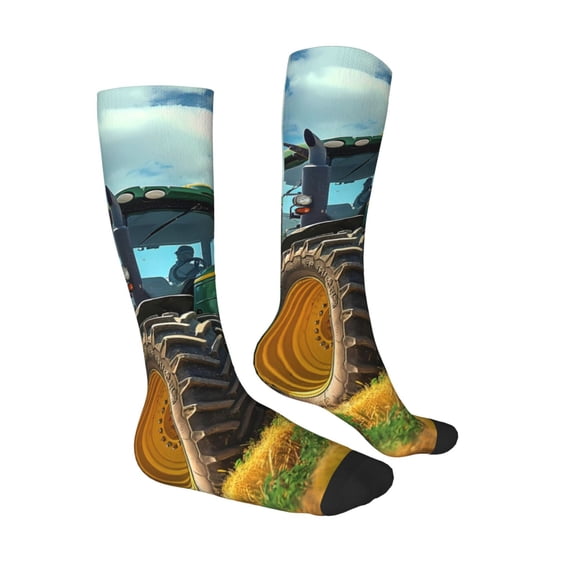 Daiia Sports Socks Green Tractor Field Printed Novelty Crew Socks for Men Women Knee High Socks Cotton Socks Soft & Breathable Support Unisex Socks