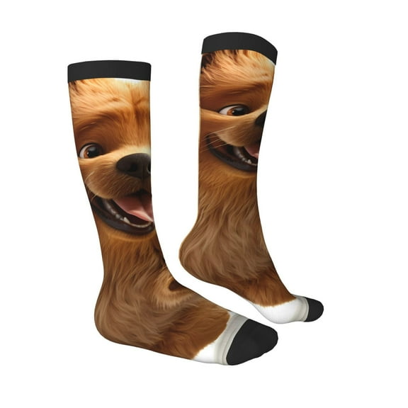 Daiia Sports Socks Happy Fluffy Running Dog Printed Novelty Crew Socks for Men Women Knee High Socks Cotton Socks Soft & Breathable Support Unisex Socks