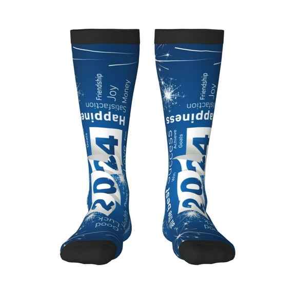 Daiia Sports Socks Happy New Year 2024 (4) Printed Novelty Crew Socks for Men Women Knee High Socks Cotton Socks Soft & Breathable Support Unisex Socks