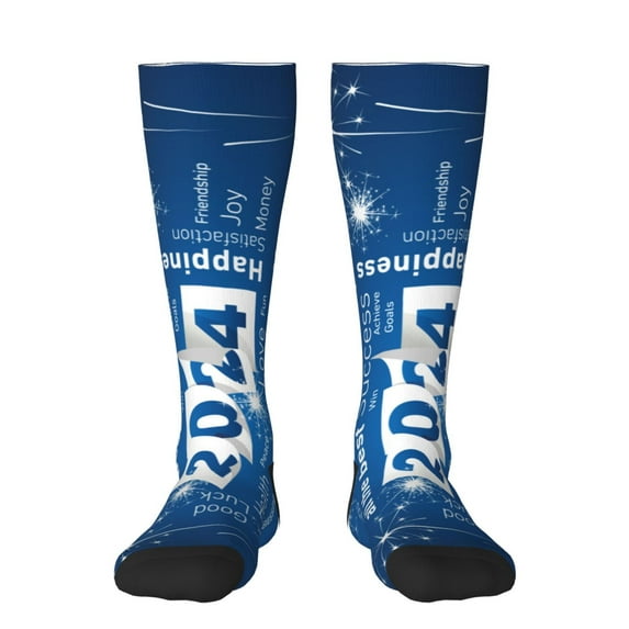 Daiia Sports Socks Happy New Year 2024 (4) Printed Novelty Crew Socks for Men Women Knee High Socks Cotton Socks Soft & Breathable Support Unisex Socks