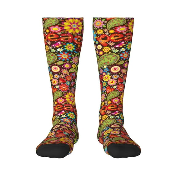 Daiia Sports Socks Hippie Peace Love Printed Novelty Crew Socks for Men Women Knee High Socks Cotton Socks Soft & Breathable Support Unisex Socks
