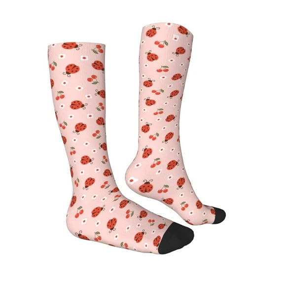 Daiia Sports Socks Ladybug With Flower Printed Novelty Crew Socks for Men Women Knee High Socks Cotton Socks Soft & Breathable Support Unisex Socks