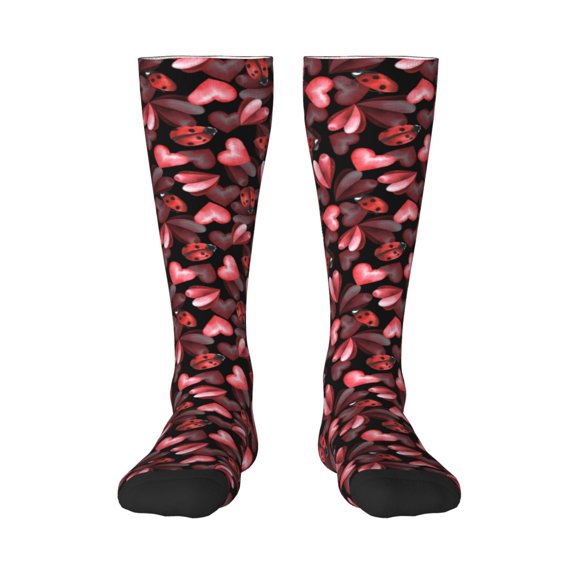 Daiia Sports Socks Ladybugs and Red Hearts Printed Novelty Crew Socks for Men Women Knee High Socks Cotton Socks Soft & Breathable Support Unisex Socks