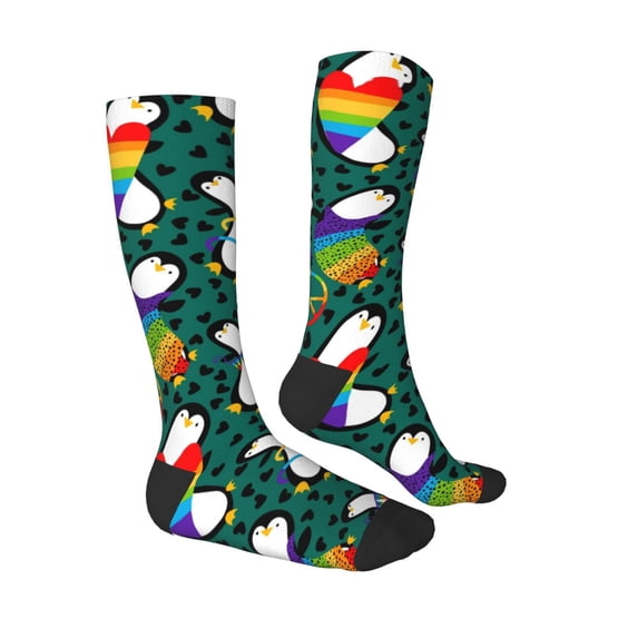 Daiia Sports Socks Lgbt Penguin Printed Novelty Crew Socks for Men Women Knee High Socks Cotton Socks Soft & Breathable Support Unisex Socks