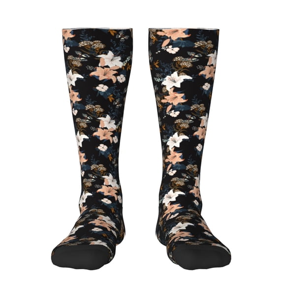 Daiia Sports Socks Lilies Flowers Printed Novelty Crew Socks for Men Women Knee High Socks Cotton Socks Soft & Breathable Support Unisex Socks