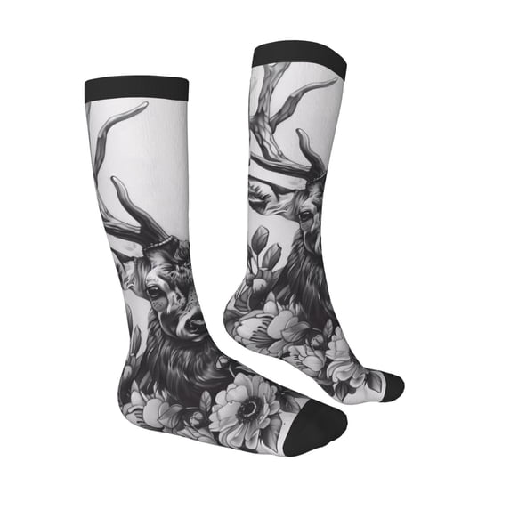 Daiia Sports Socks Monochrome Deer Floral Printed Novelty Crew Socks for Men Women Knee High Socks Cotton Socks Soft & Breathable Support Unisex Socks