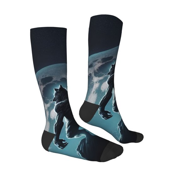 Daiia Sports Socks Moon Wolf Warrior Printed Novelty Crew Socks for Men Women Knee High Socks Cotton Socks Soft & Breathable Support Unisex Socks