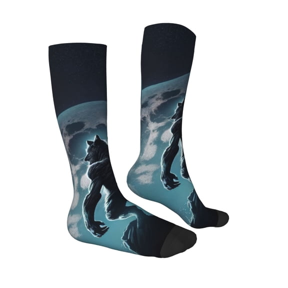 Daiia Sports Socks Moon Wolf Warrior Printed Novelty Crew Socks for Men Women Knee High Socks Cotton Socks Soft & Breathable Support Unisex Socks