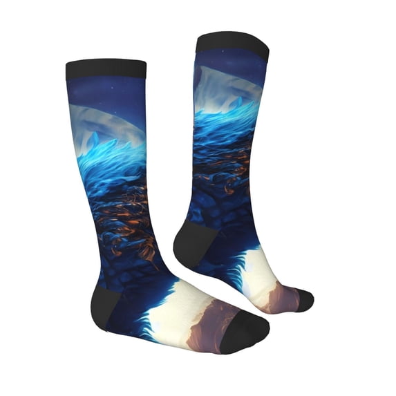 Daiia Sports Socks Moonlit Blue Wolf Printed Novelty Crew Socks for Men Women Knee High Socks Cotton Socks Soft & Breathable Support Unisex Socks