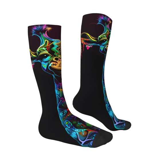 Daiia Sports Socks Neon Psychedelic Giraffe Printed Novelty Crew Socks for Men Women Knee High Socks Cotton Socks Soft & Breathable Support Unisex Socks