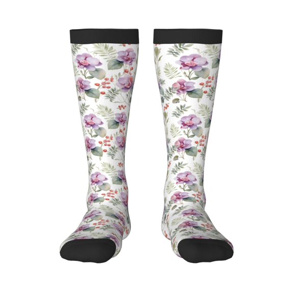 Daiia Sports Socks Orchids Flowers Printed Novelty Crew Socks for Men Women Knee High Socks Cotton Socks Soft & Breathable Support Unisex Socks