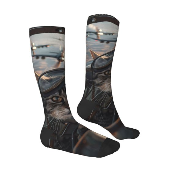 Daiia Sports Socks Pilot Cat In Vintage Plane Printed Novelty Crew Socks for Men Women Knee High Socks Cotton Socks Soft & Breathable Support Unisex Socks
