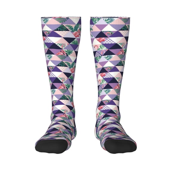 Daiia Sports Socks Plaid Flamingo Printed Novelty Crew Socks for Men Women Knee High Socks Cotton Socks Soft & Breathable Support Unisex Socks