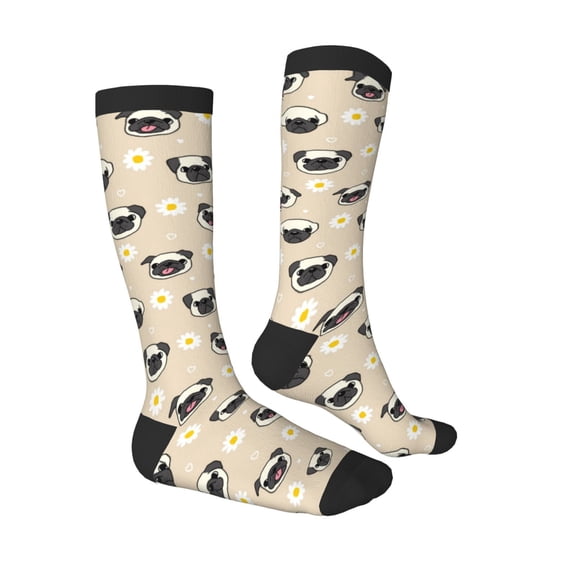 Daiia Sports Socks Pug Dog Face Printed Novelty Crew Socks for Men Women Knee High Socks Cotton Socks Soft & Breathable Support Unisex Socks