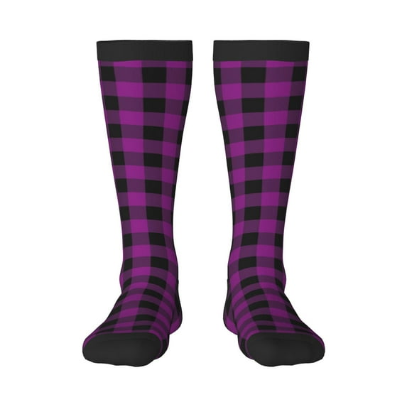 Daiia Sports Socks Purple Black Plaid Printed Novelty Crew Socks for Men Women Knee High Socks Cotton Socks Soft & Breathable Support Unisex Socks