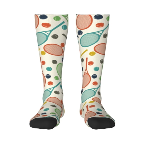 Daiia Sports Socks Racket and Tennis Ball Printed Novelty Crew Socks for Men Women Knee High Socks Cotton Socks Soft & Breathable Support Unisex Socks