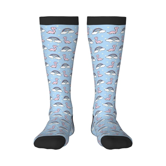 Daiia Sports Socks Rainbow Dinosaur Printed Novelty Crew Socks for Men Women Knee High Socks Cotton Socks Soft & Breathable Support Unisex Socks