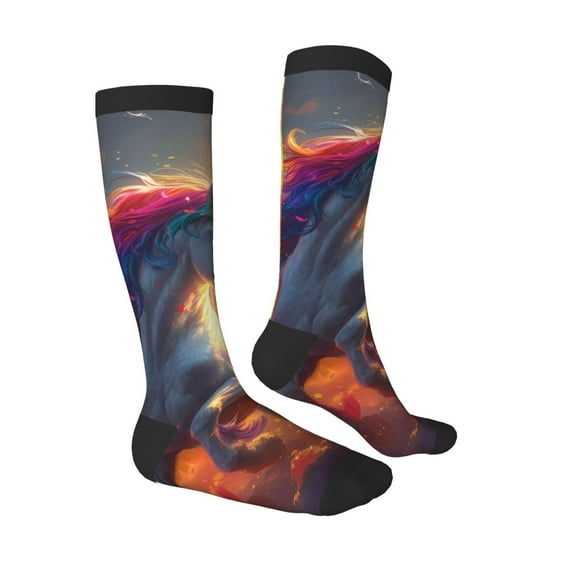 Daiia Sports Socks Rainbow Sunset Cloud White Horse Printed Novelty Crew Socks for Men Women Knee High Socks Cotton Socks Soft & Breathable Support Unisex Socks