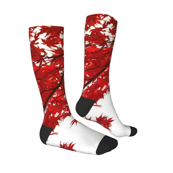 Daiia Sports Socks Red Maple Leaf Printed Novelty Crew Socks for Men Women Knee High Socks Cotton Socks Soft & Breathable Support Unisex Socks