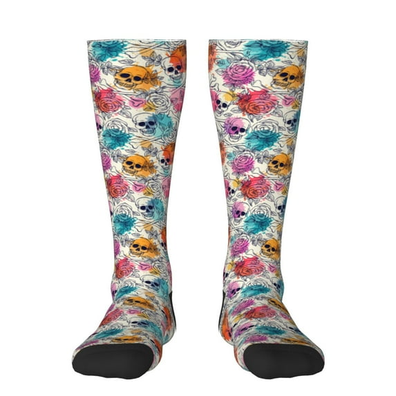 Daiia Sports Socks Skulls and Roses Printed Novelty Crew Socks for Men Women Knee High Socks Cotton Socks Soft & Breathable Support Unisex Socks