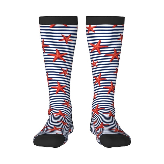 Daiia Sports Socks Starfish Navy Blue Stripe Printed Novelty Crew Socks for Men Women Knee High Socks Cotton Socks Soft & Breathable Support Unisex Socks