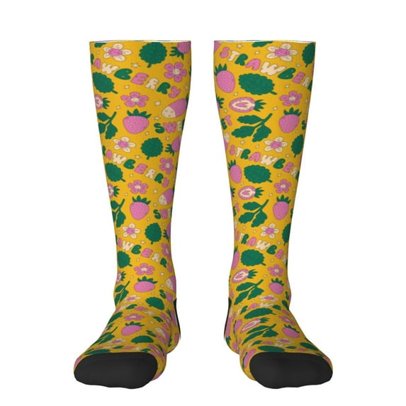 Daiia Sports Socks Strawberry Printed Novelty Crew Socks for Men Women Knee High Socks Cotton Socks Soft & Breathable Support Unisex Socks