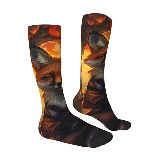 Daiia Sports Socks Sunset Maple Tree Fox Printed Novelty Crew Socks for Men Women Knee High Socks Cotton Socks Soft & Breathable Support Unisex Socks