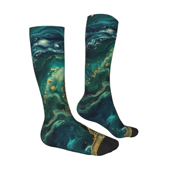 Daiia Sports Socks Turquoise Golden Swirl Printed Novelty Crew Socks for Men Women Knee High Socks Cotton Socks Soft & Breathable Support Unisex Socks