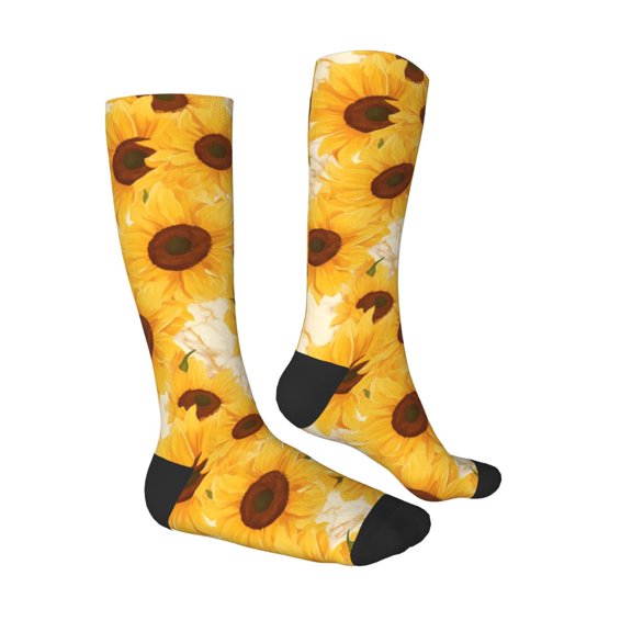 Daiia Sports Socks Vintage Marble Pattern Sunflower Printed Novelty Crew Socks for Men Women Knee High Socks Cotton Socks Soft & Breathable Support Unisex Socks